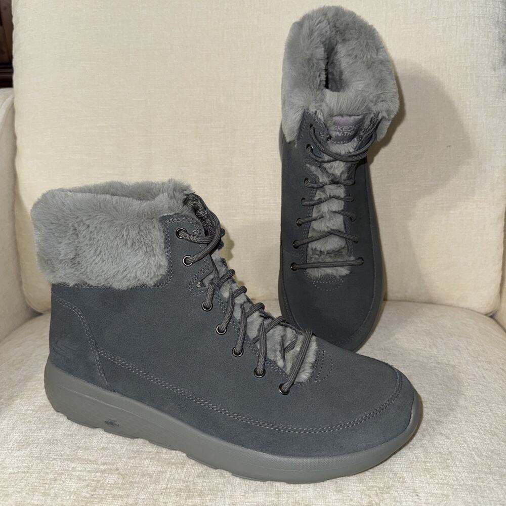 Skechers Boots Ankle Womens Size 9 Gray On The Go Goga Max Faux Fur Winter New